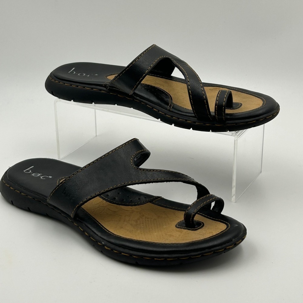 b.o.c. Toe Loop Sandals Womens 8 Black Strappy Slides BC3311 Boho Comfort